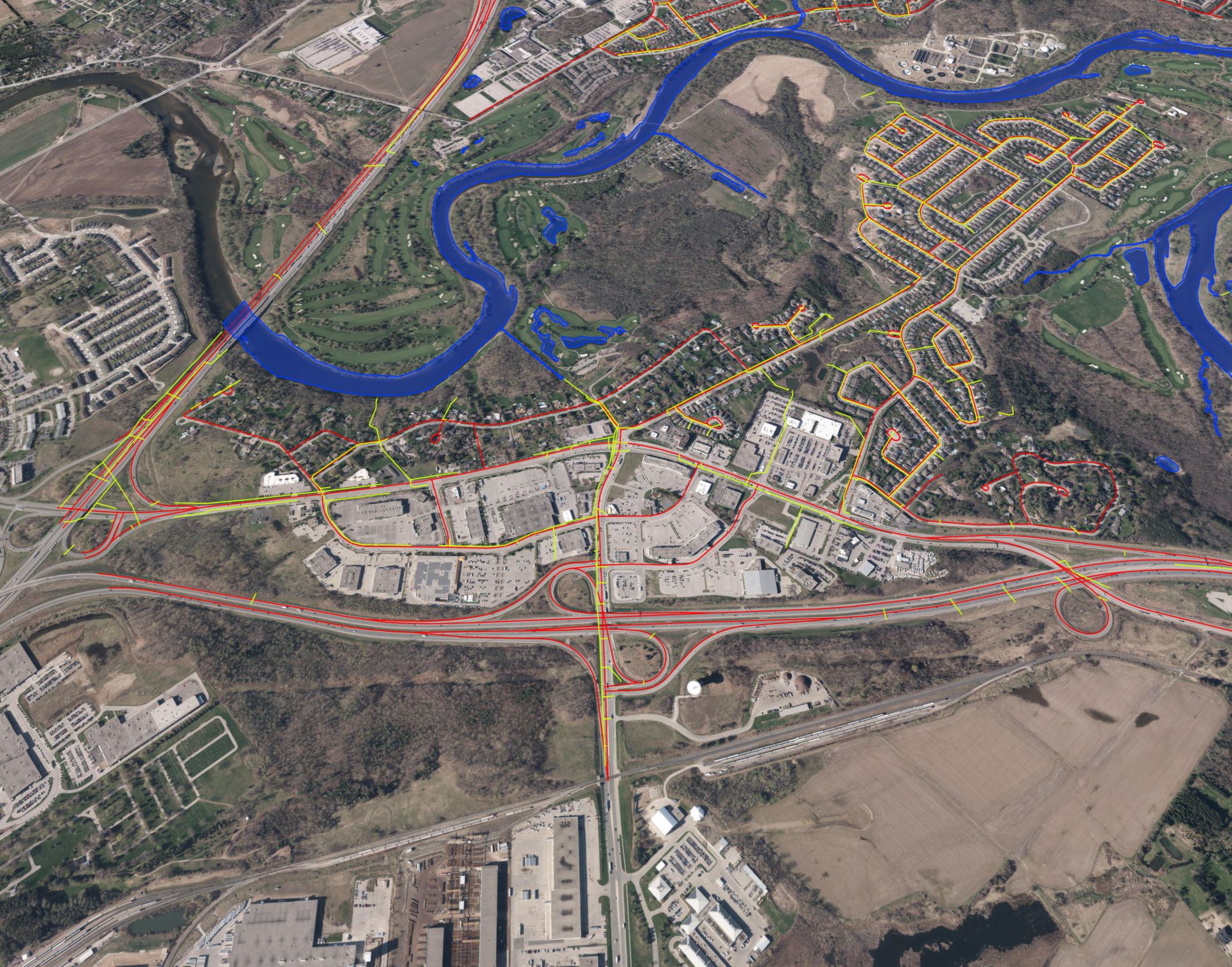 kml files on an online map showing roads and river