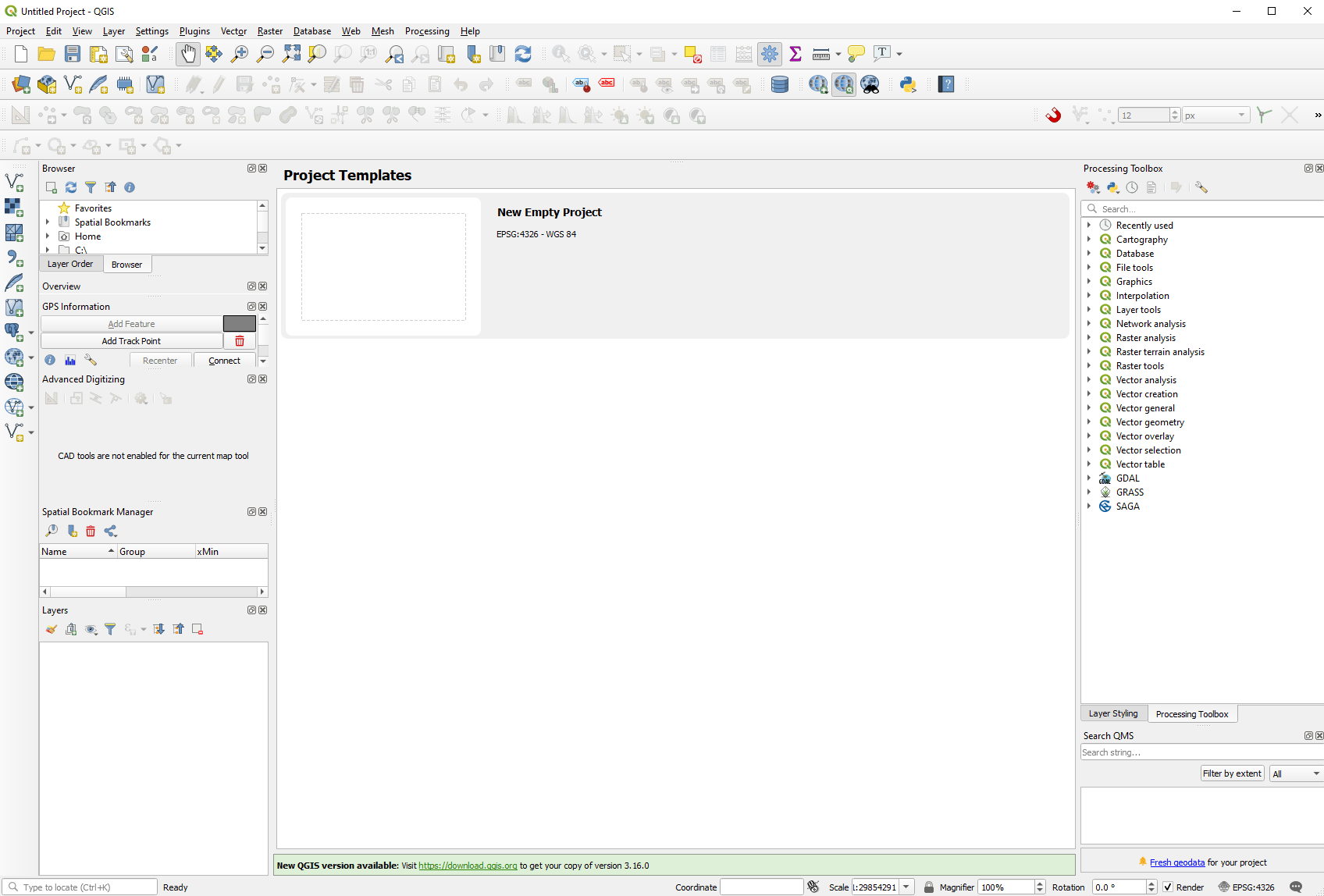 Screenshot of QGIS with a blank screen