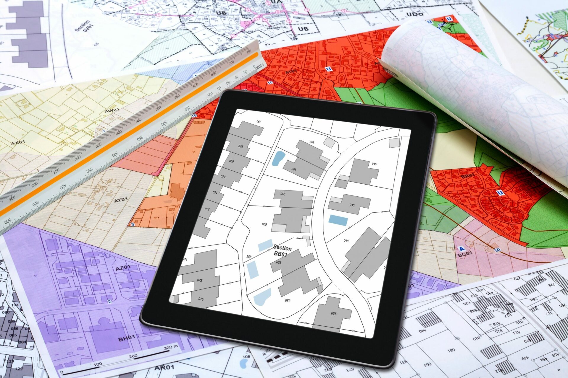 iPad with planning map, atop other physical planning maps that highlight legal boundaries