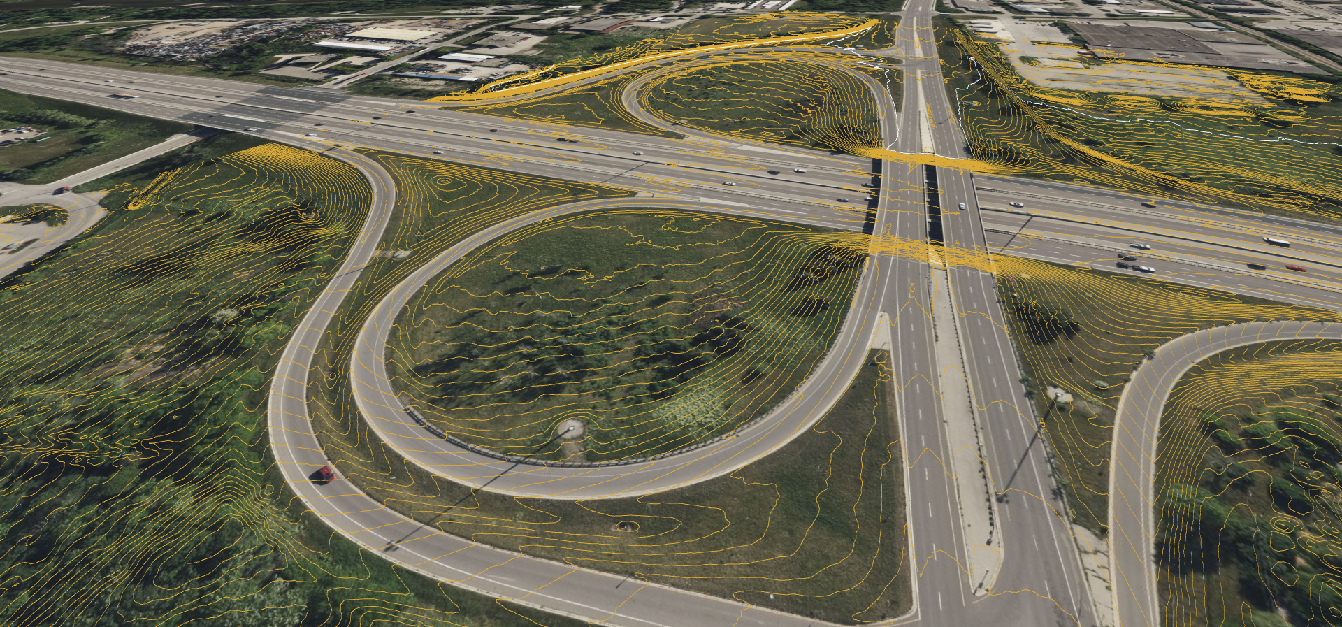 1 foot contours on an aerial map of a highway ramp