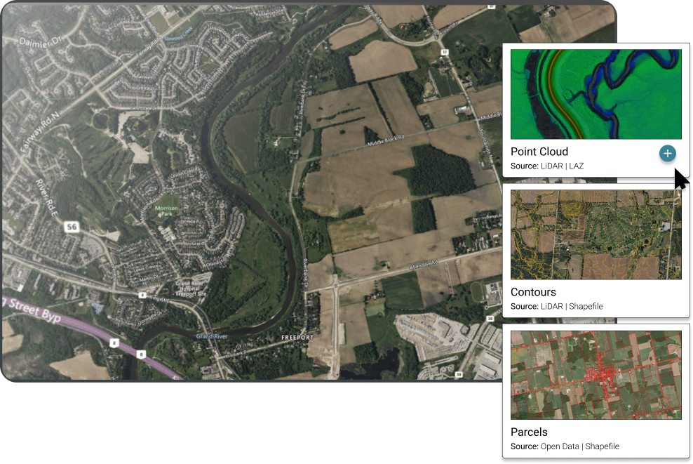 Screenshot of Equator app showing layers to add to an aerial map