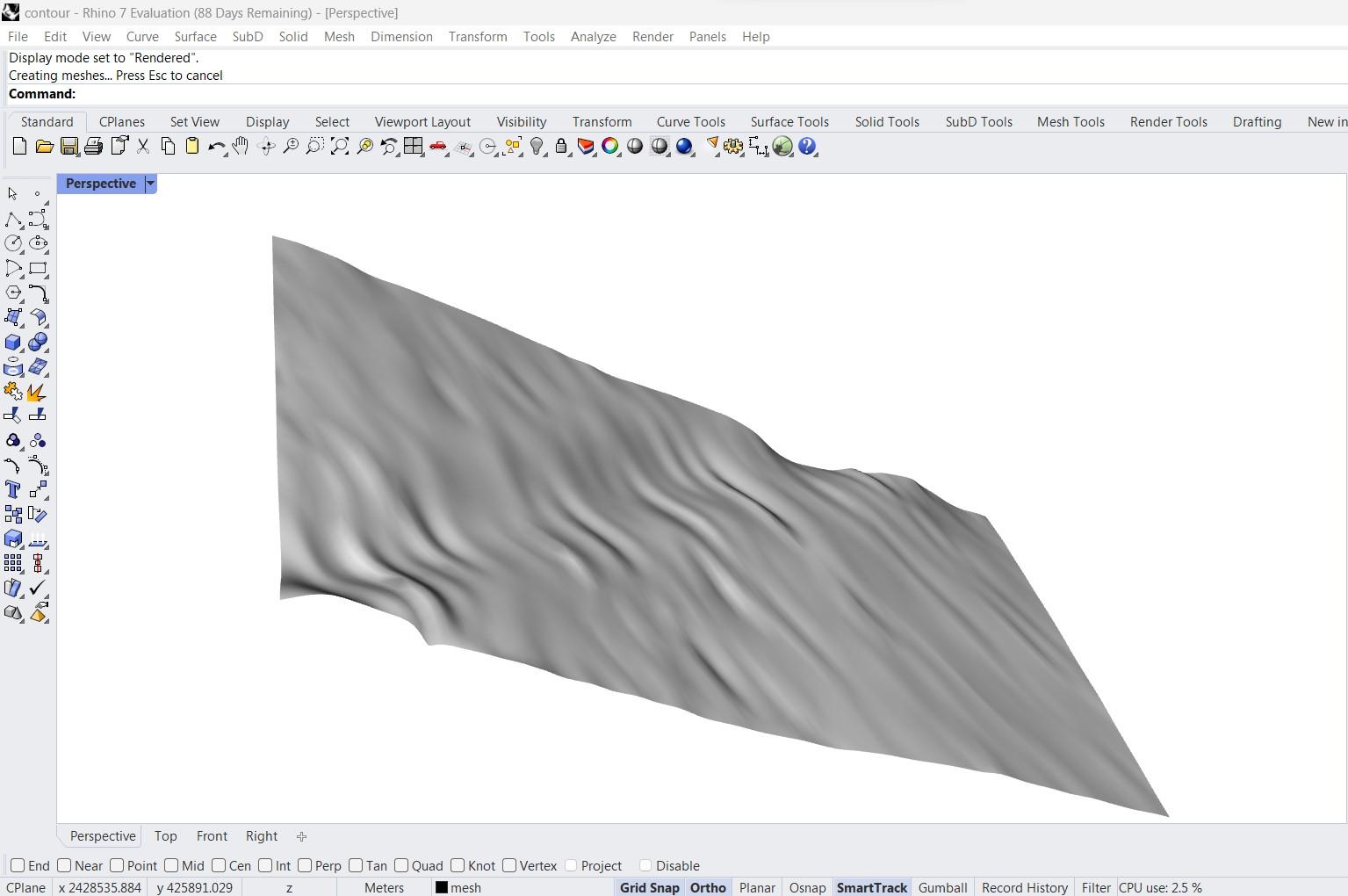 Rhino 3D mesh created from AutoCAD drawing file (.dwg) contours from Equator